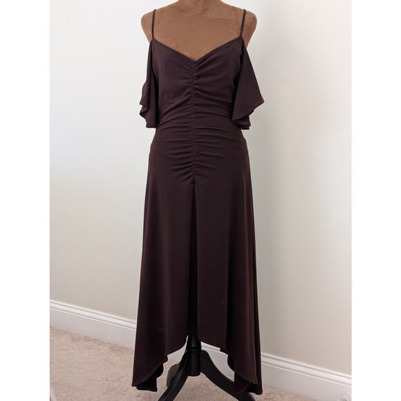 Vintage 90s Laundry by Shelli Segal Brown Ruched Cold Shoulder Midi - 8 - Picture 2 of 10